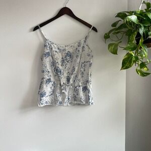 White and Blue floral regency romantic‎ flowy antique vintage Tank sz small